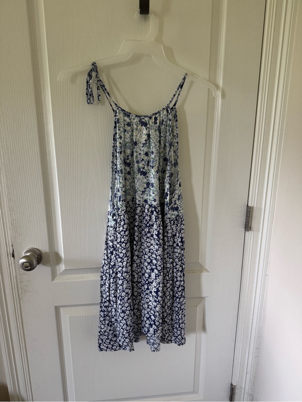 Tie-Shoulder Blue and White Floral Midi Dress